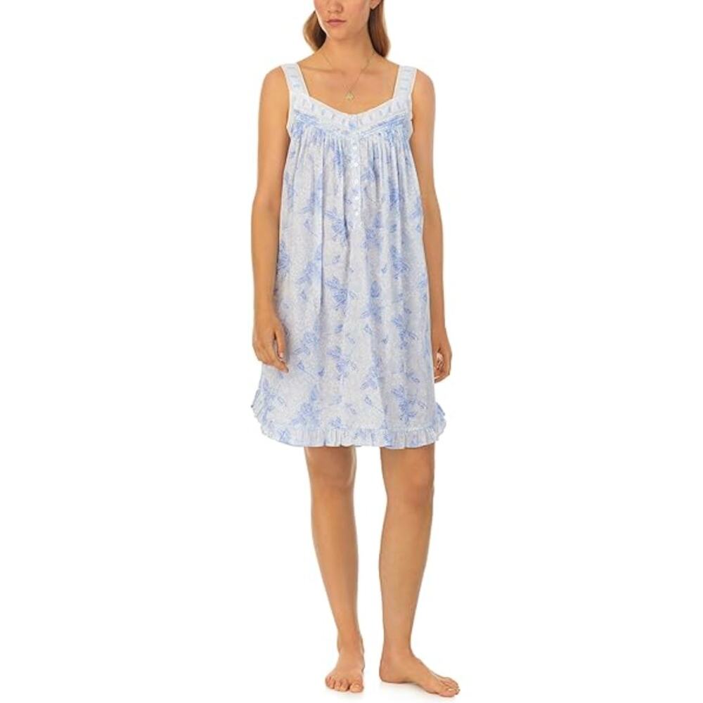 EILEEN WEST Women's Cut Blue White Pigment Rose Sleeveless Chemise Size S